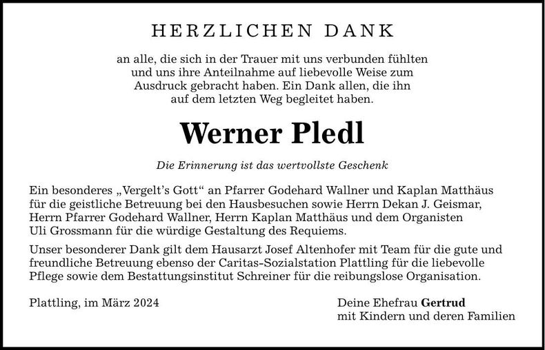 Traueranzeige Werner Pledl