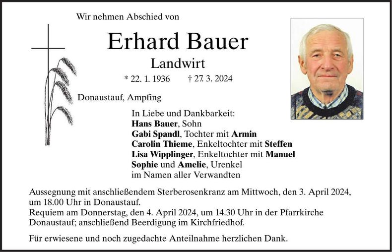 Traueranzeige Erhard Bauer