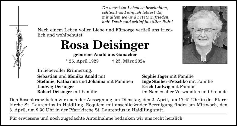 Traueranzeige Rosa Deisinger