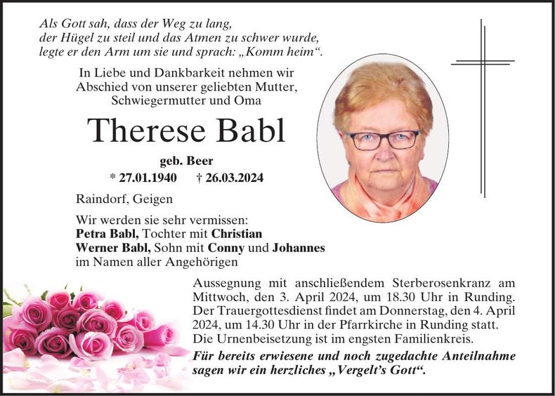Traueranzeige Therese Babl