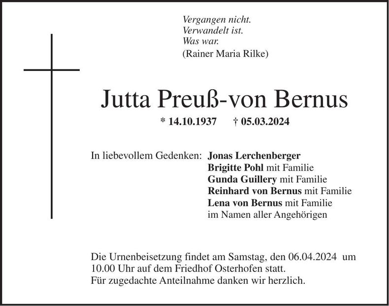 Traueranzeige Jutta Preuß-von Bernus