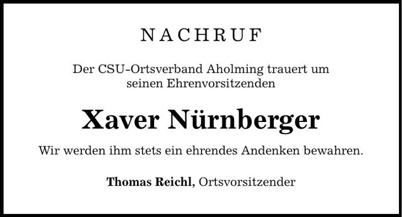Traueranzeige Xaver Nürnberger