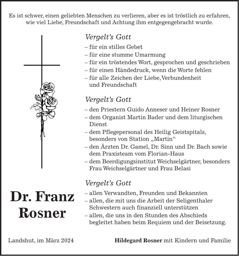 Traueranzeige Franz Rosner