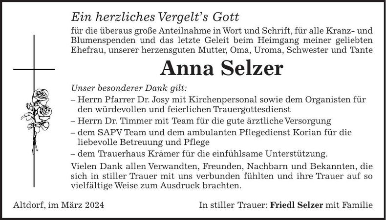 Traueranzeige Anna Selzer