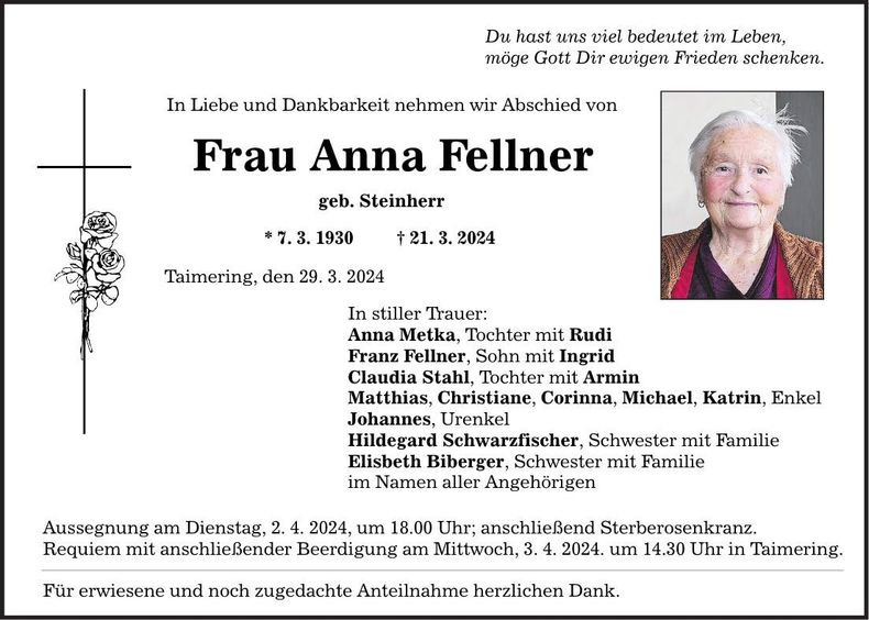 Traueranzeige Anna Fellner