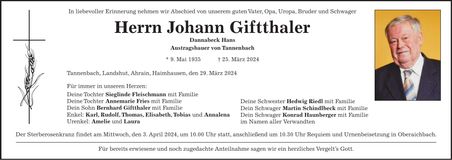 Traueranzeige Johann Giftthaler
