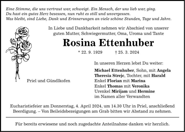 Traueranzeige Rosina Ettenhuber