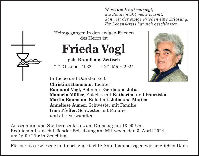 Traueranzeige Frieda Vogl