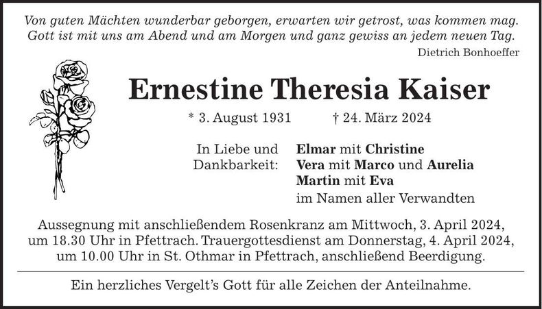 Traueranzeige Ernsetine Theresia Kaiser