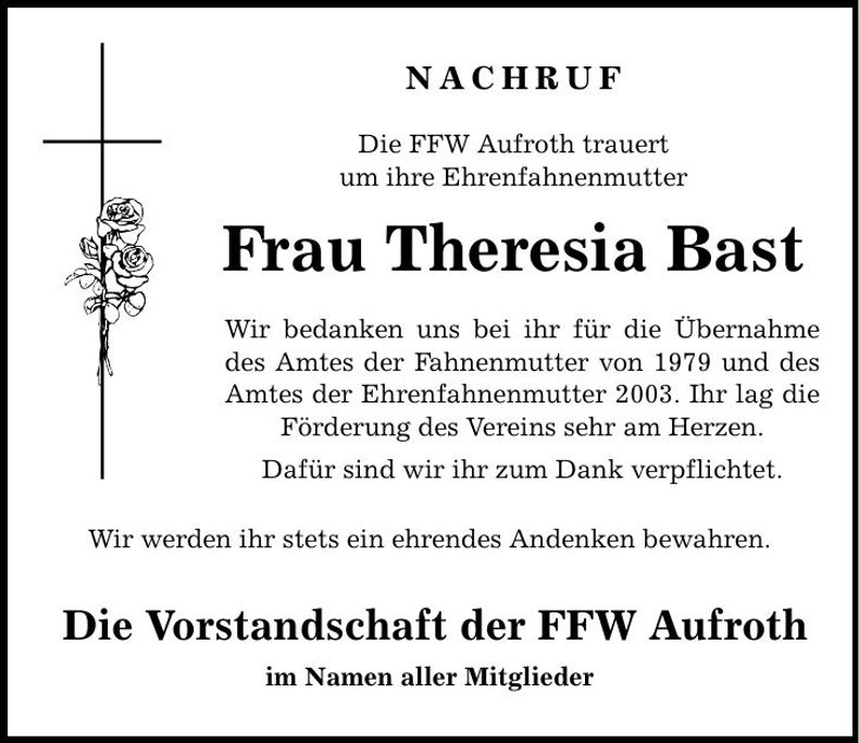 Traueranzeige Theresia Bast
