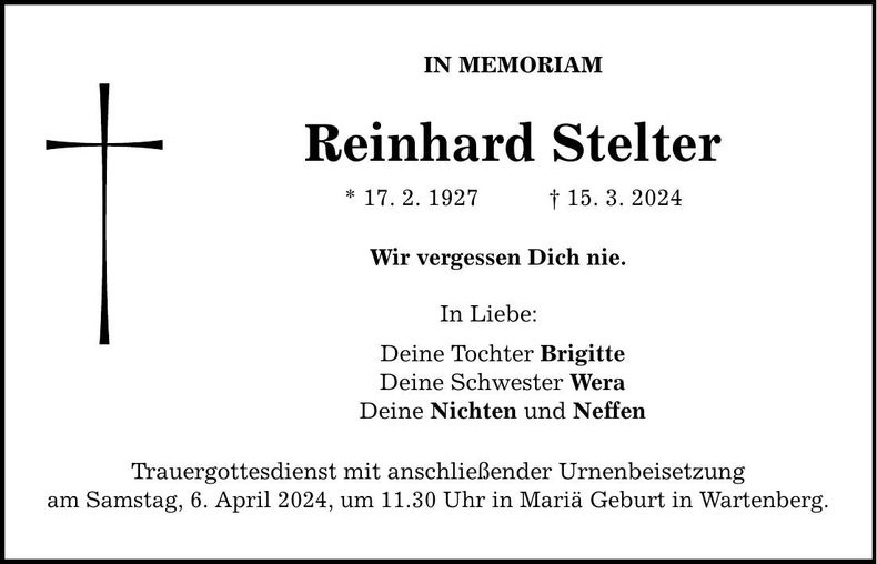 Traueranzeige Reinhard Stelter