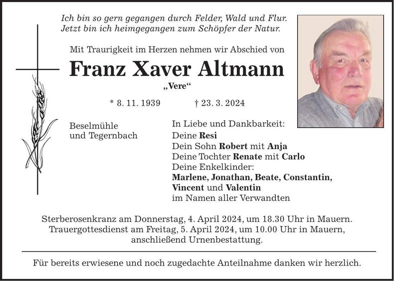 Traueranzeige Franz Xaver Altmann