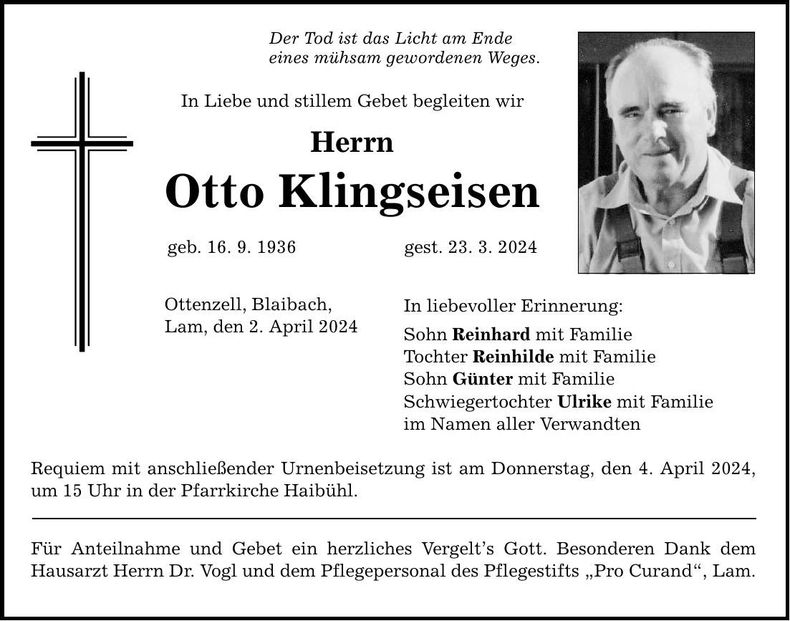 Traueranzeige Otto Klingseisen