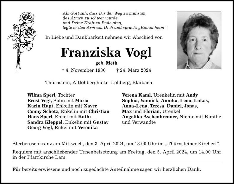 Traueranzeige Franziska Vogl