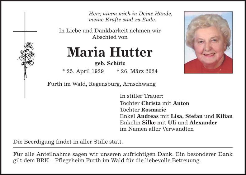 Traueranzeige Maria Hutter