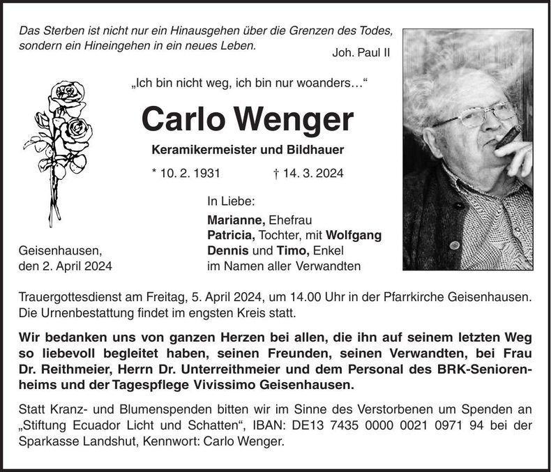 Traueranzeige Carlo Wenger