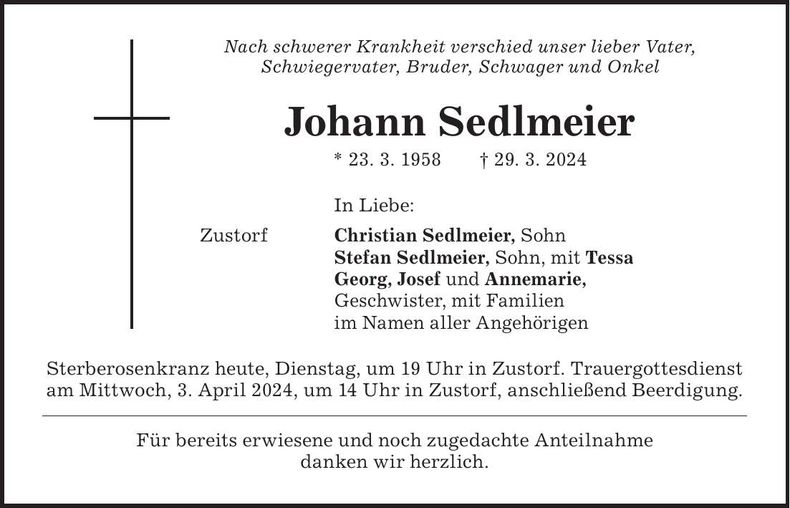 Traueranzeige Johann Sedlmeier