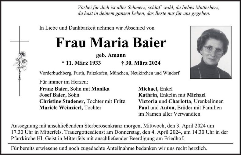 Traueranzeige Maria Baier