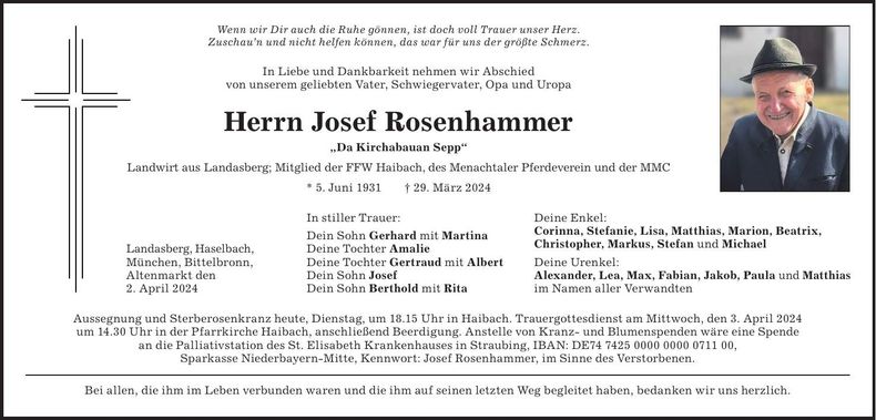 Traueranzeige Josef Rosenhammer
