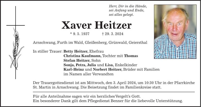 Traueranzeige Xaver Heitzer