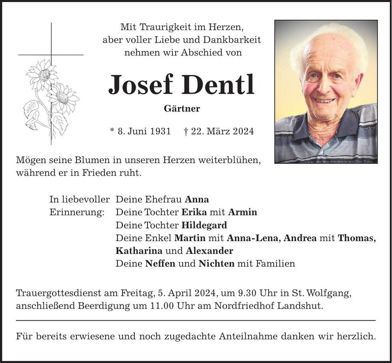 Traueranzeige Josef Dentl