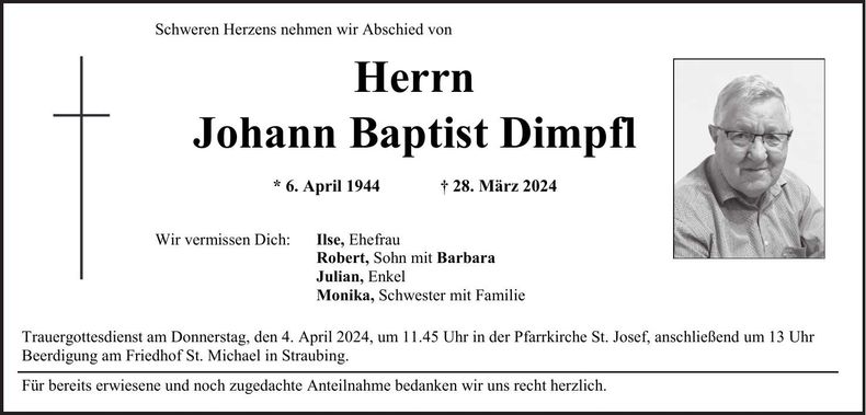 Traueranzeige Johann Baptist Dimpfl