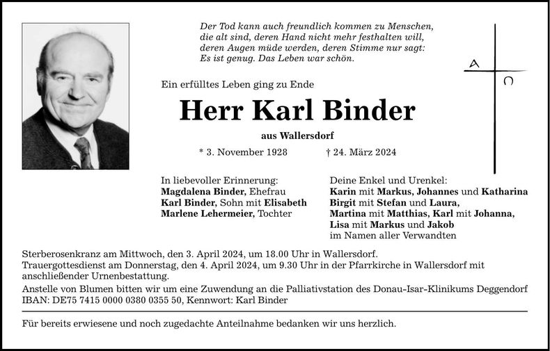 Traueranzeige Karl Binder