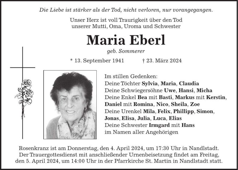 Traueranzeige Maria Eberl