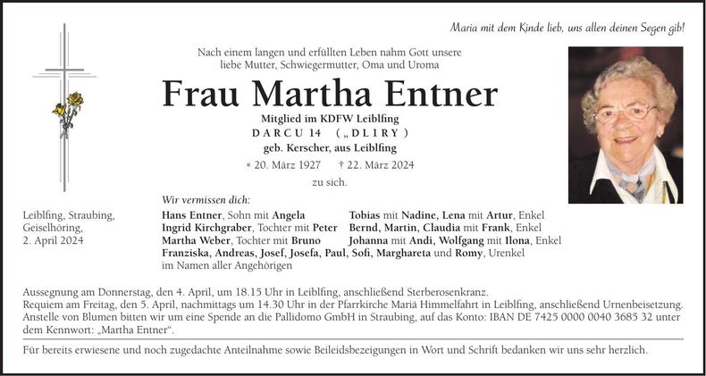 Traueranzeige Martha Entner