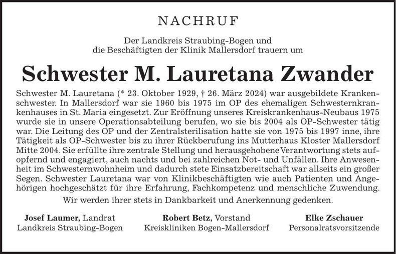 Traueranzeige Schwester M. Lauretana Zwander