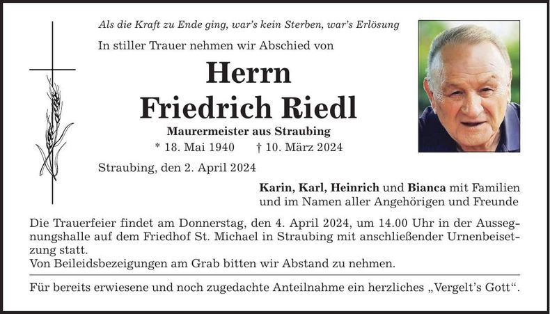 Traueranzeige Friedrich Riedl