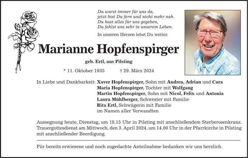 Traueranzeige Marianne Hopfenspirger
