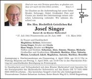Traueranzeige Josef Singer