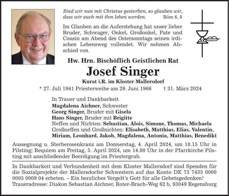 Traueranzeige Josef Singer