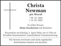 Traueranzeige Christa Newman