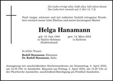 Traueranzeige Helga Hanamann