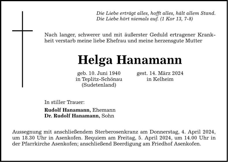 Traueranzeige Helga Hanamann
