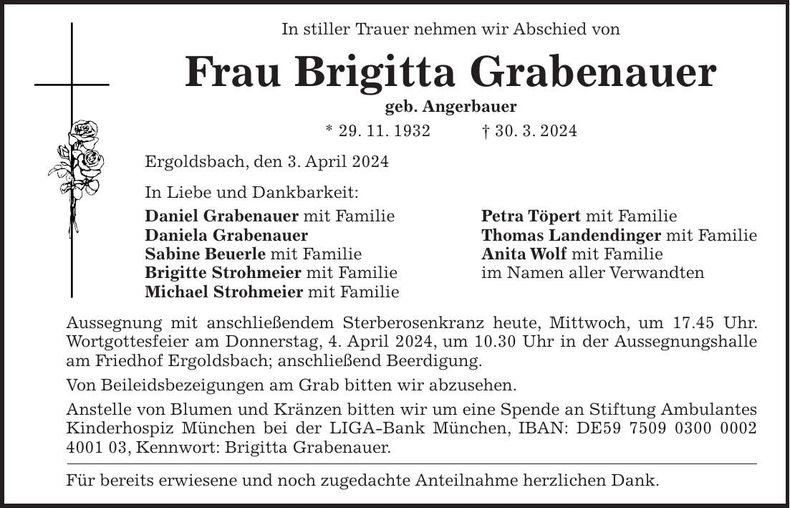 Traueranzeige Brigitta Grabenauer