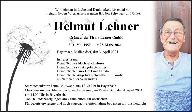 Traueranzeige Helmut Lehner