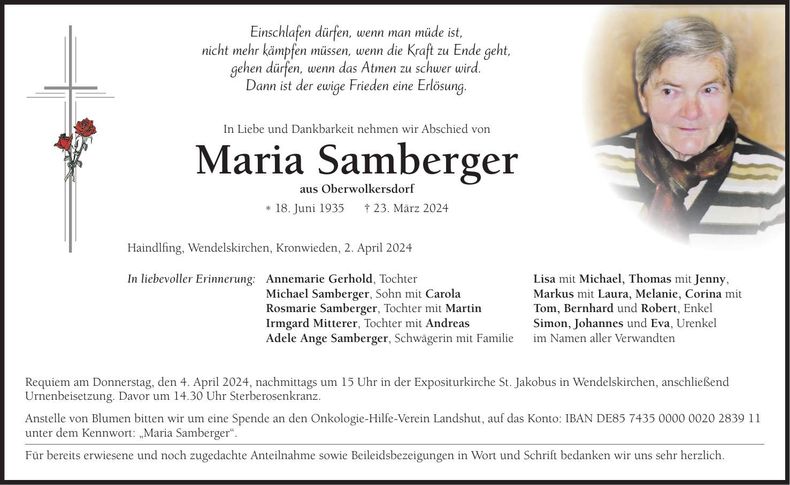 Traueranzeige Maria Samberger