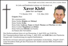 Traueranzeige Xaver Klebl
