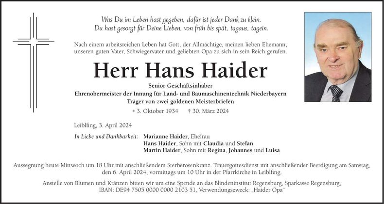 Traueranzeige Hans Haider