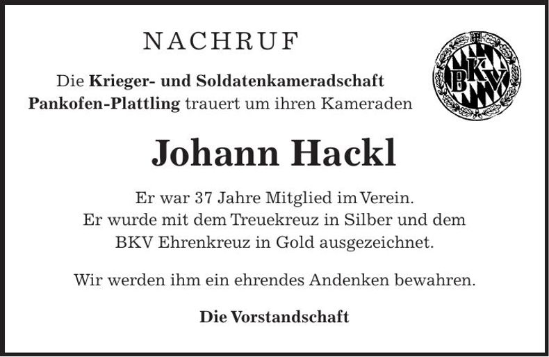 Traueranzeige Johann Hackl