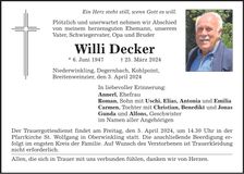 Traueranzeige Willi Decker