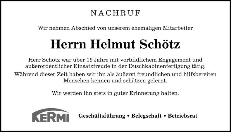 Traueranzeige Helmut Schötz