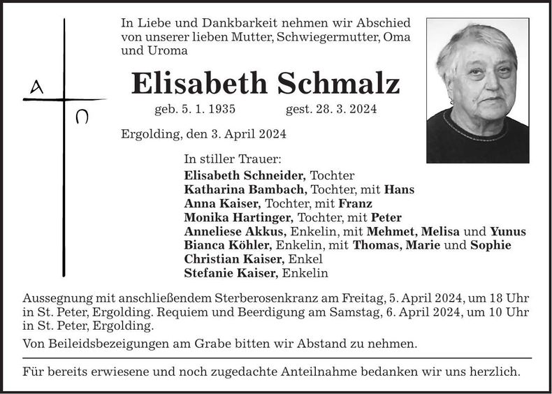 Traueranzeige Elisabeth Schmalz