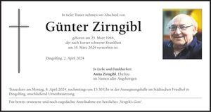 Traueranzeige Günter Zirngibl