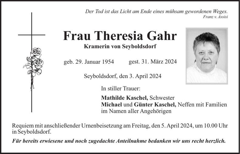 Traueranzeige Theresia Gahr