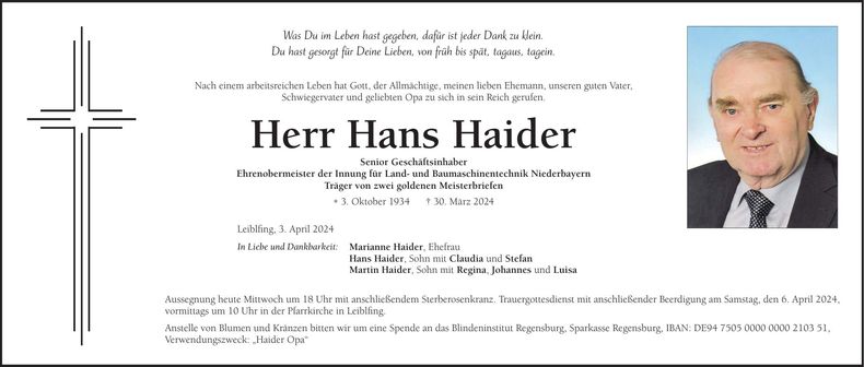 Traueranzeige Hans Haider
