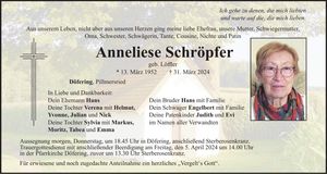 Traueranzeige Anneliese Schröpfer